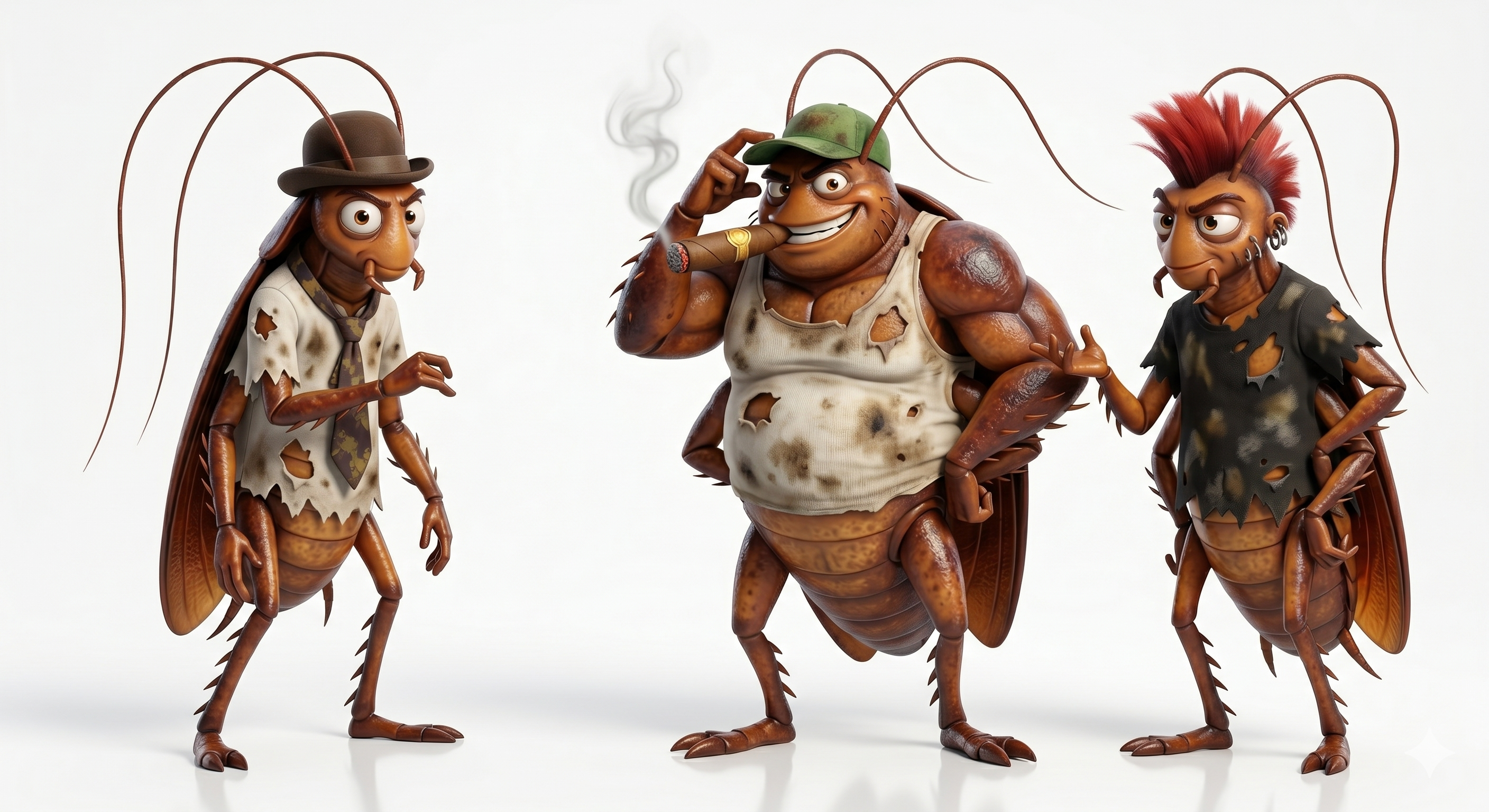Los tres personajes de la campaña NOVAR Cucarachas